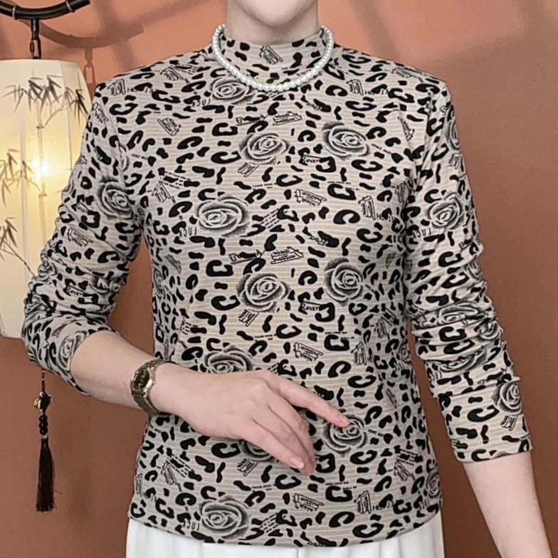 秋冬新款中老年妈妈装半高领豹纹碎花长袖打底衫气质减龄显瘦百搭
