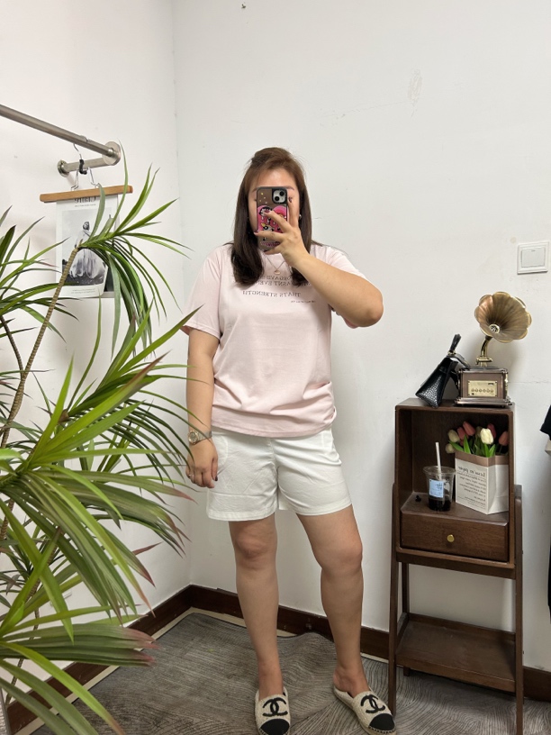 超干净粉色字母印花宽松休闲T恤大码微胖百搭