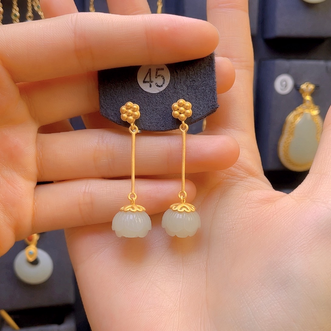 和田玉耳饰银S925镀金镶嵌