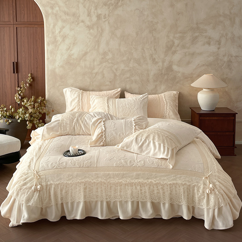 皇后娘娘法式公主风蕾丝花边牛奶绒四件套双面绒冬季加厚保暖被套