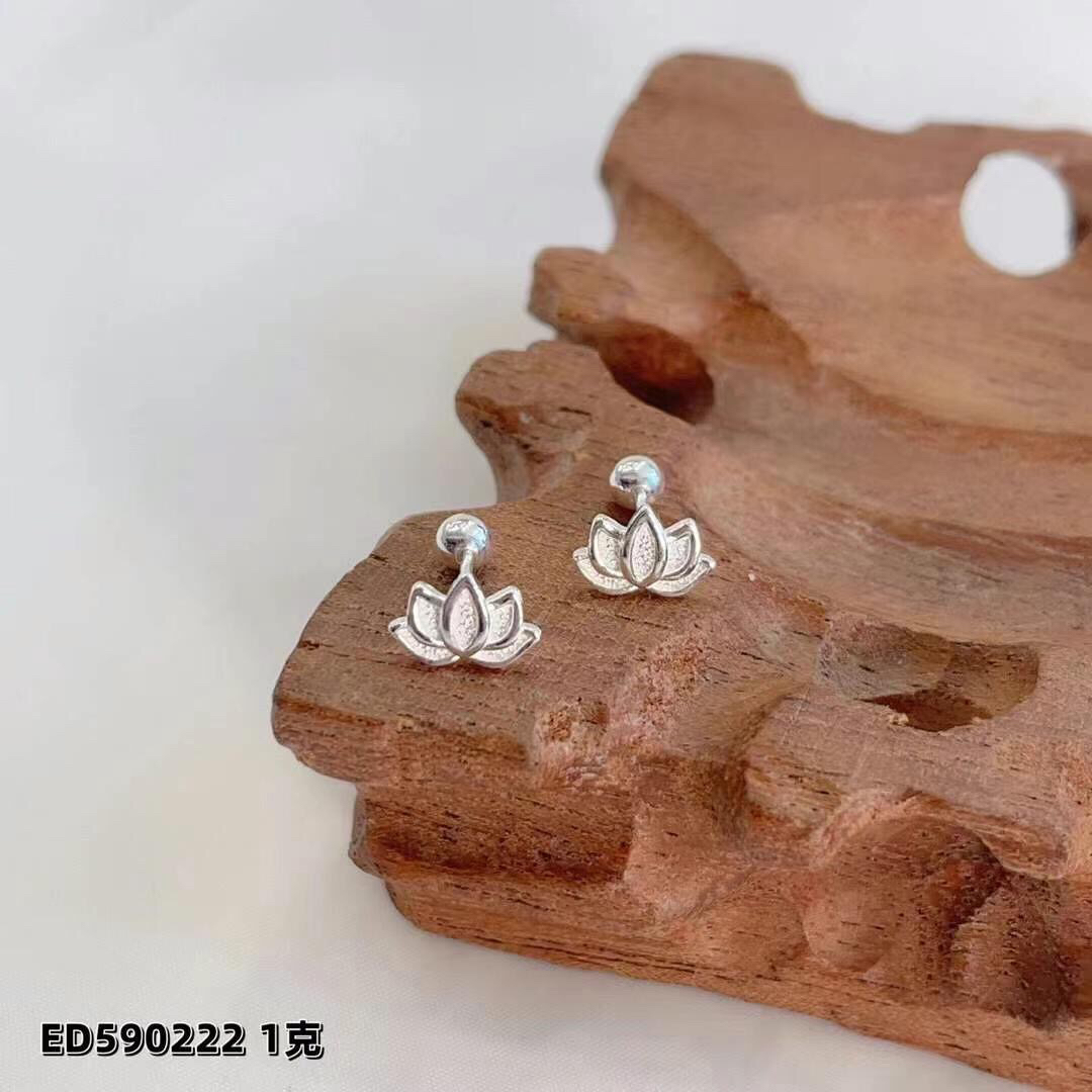 足银耳饰 【莲花耳钉】足银拧螺丝防丢耳钉简约百搭耳钉 E41