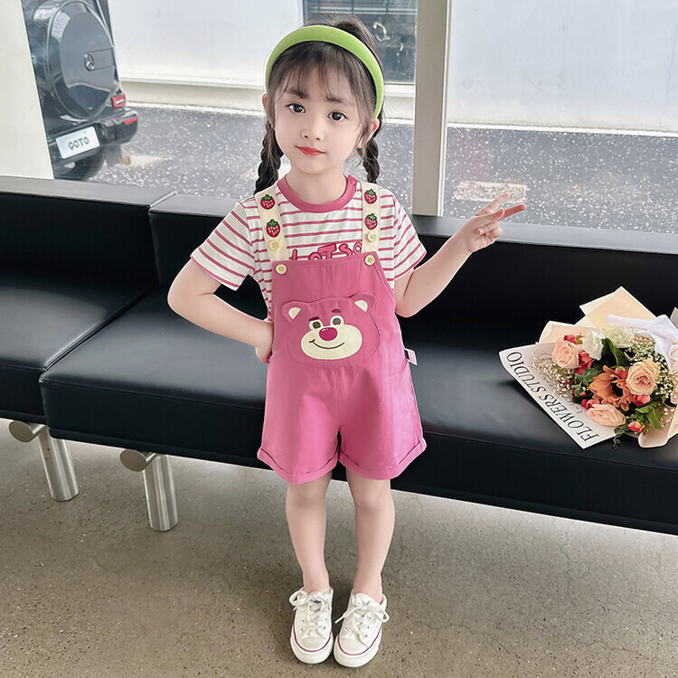 女童夏季洋气背带裤套装儿童韩版卡通短袖T恤休闲可爱两件套童装