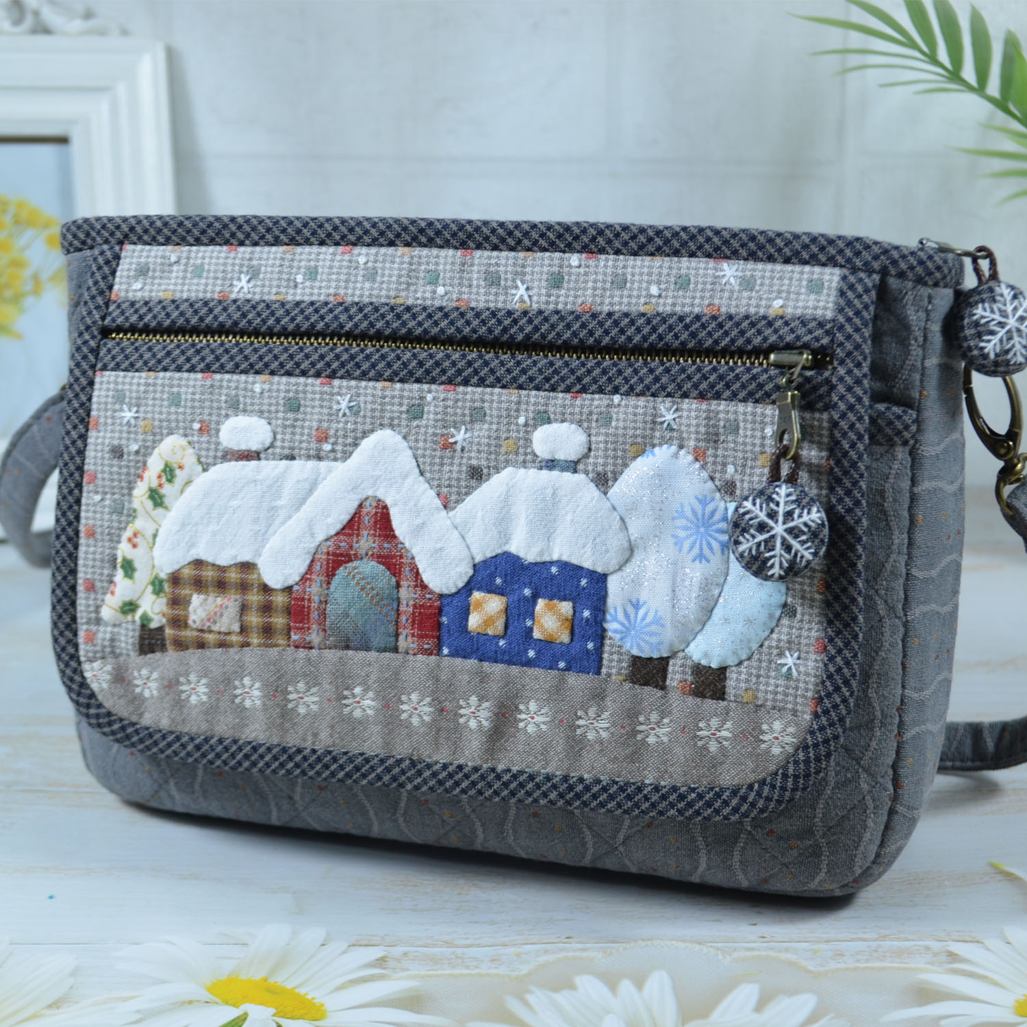 拼布材料包非成品 冬日雪屋方形斜挎包 雪房子多层翻盖拼布斜挎包