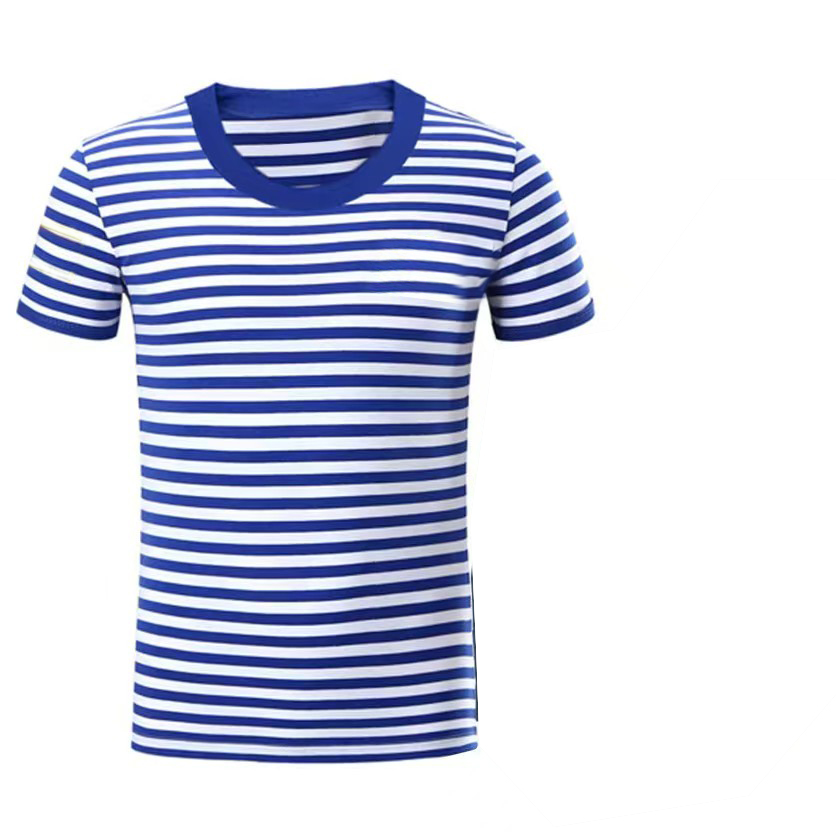 T恤男士夏季海蓝白条纹t恤圆领条纹运动上衣修身透气军迷体能服