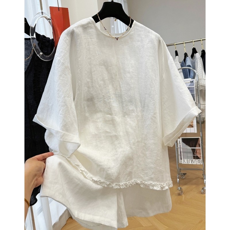 P0204巨好看的夏装慵懒风亚麻套装大方得体短裤上衣穿搭女两件套