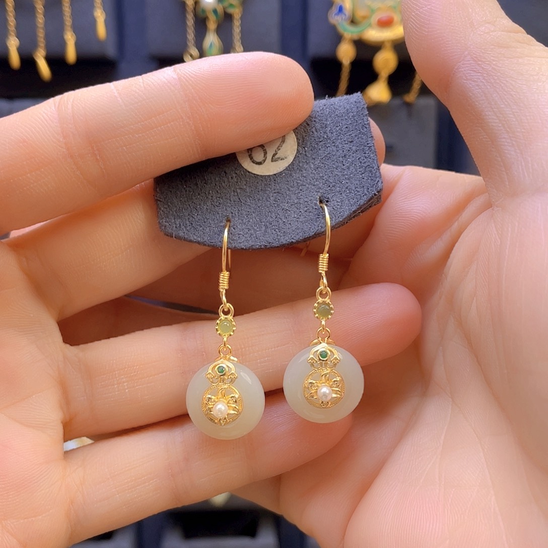 和田玉耳饰银S925镀金镶嵌