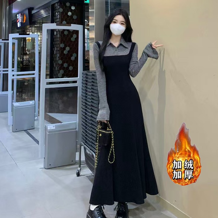 （80-200斤）学院风长袖假两件连衣裙女秋冬polo领黑色假两件裙1655