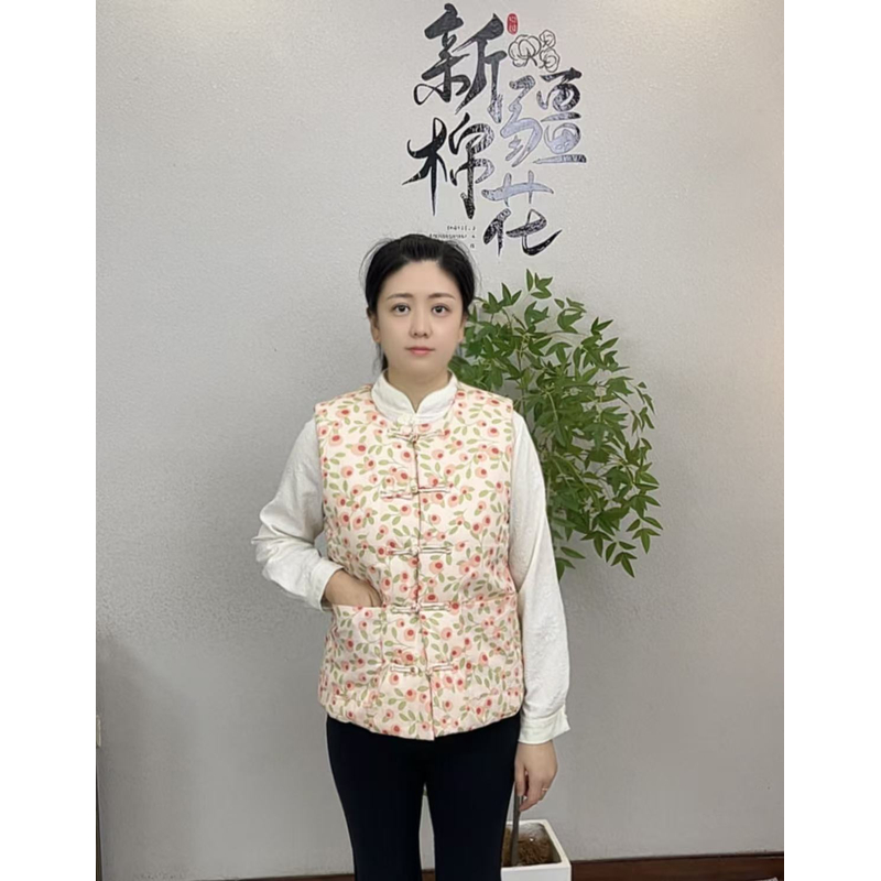 新疆棉暖背国风碎花马甲冬季马夹女宝妈时尚女士复古中式加厚印花