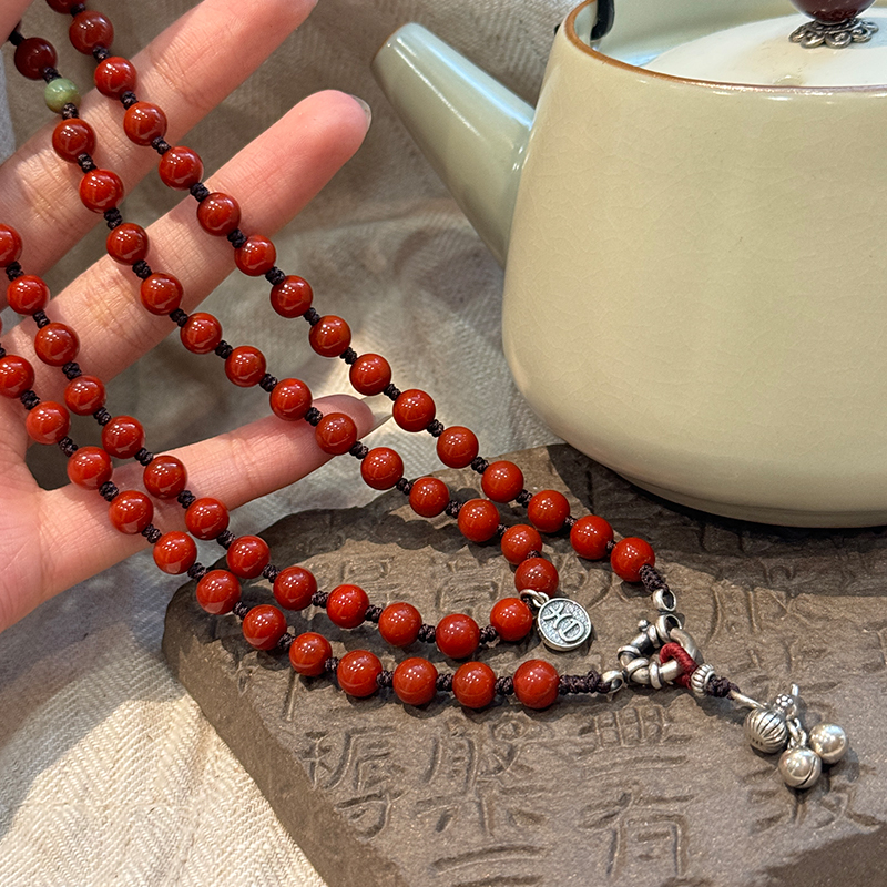 链子925银 大头姐 N17519 吉字圆牌葫芦铃铛圆形扣红珠项链