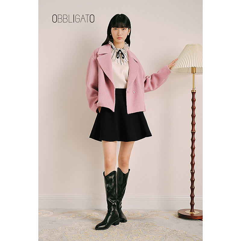 【晨粉专享价】奥丽嘉朵1C33580100冬季樱花粉羊驼毛混羊毛大衣