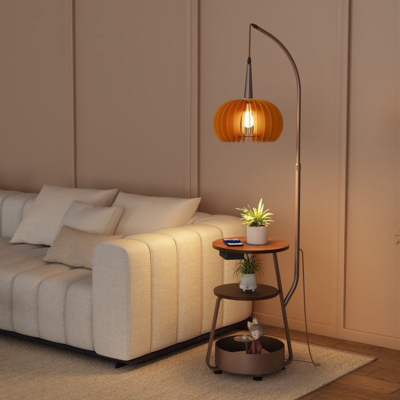 中古风客厅高级感主卧室床头柜置物一体南瓜罩落地灯