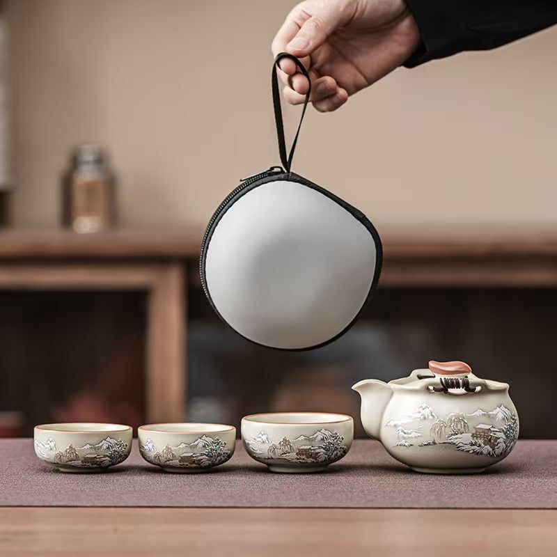 LX183米黄汝窑雪景手抓壶陶瓷开片泡茶壶一壶三杯收纳便携户外旅