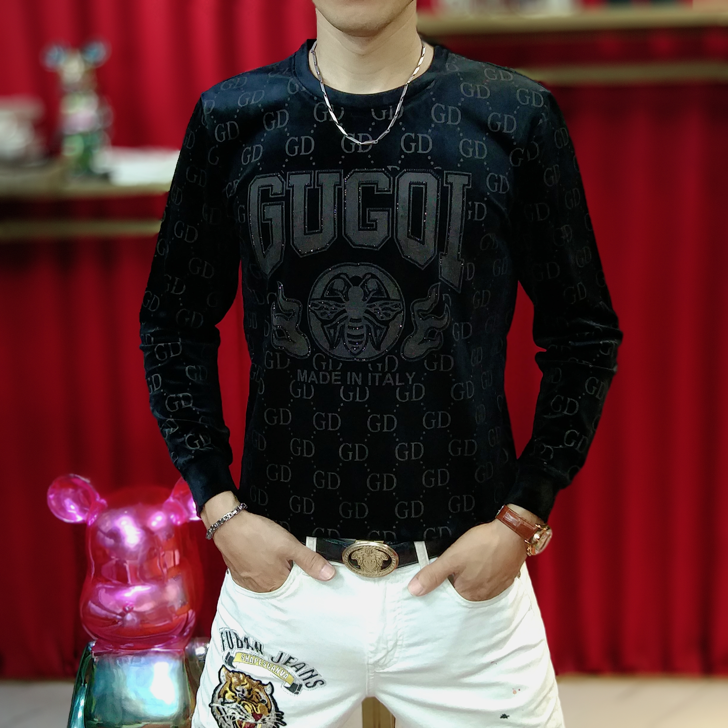 秋季男士新款丝绒时尚休闲烫钻圆领T恤打底潮流修身长袖卫衣