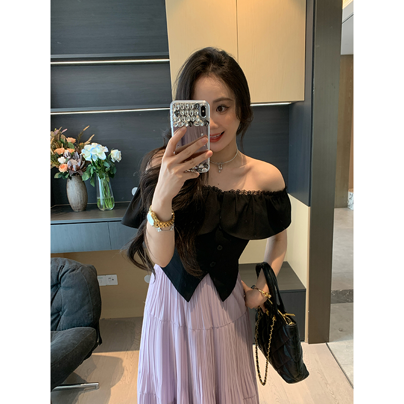 XINYI【修身法则】夏季荷叶边一字肩衬衫女显瘦百搭X625C05123