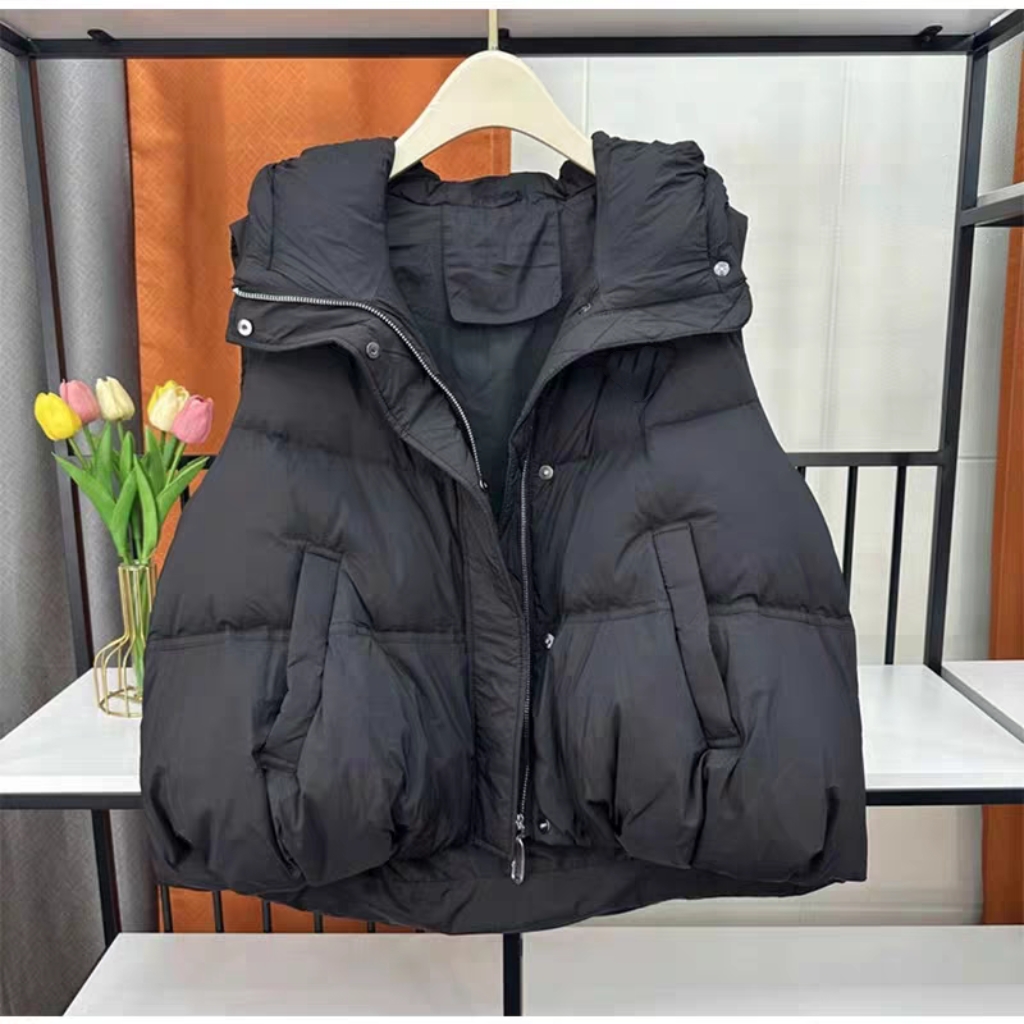 黑色连帽马甲外套女冬季百搭坎肩背心潮流搭配