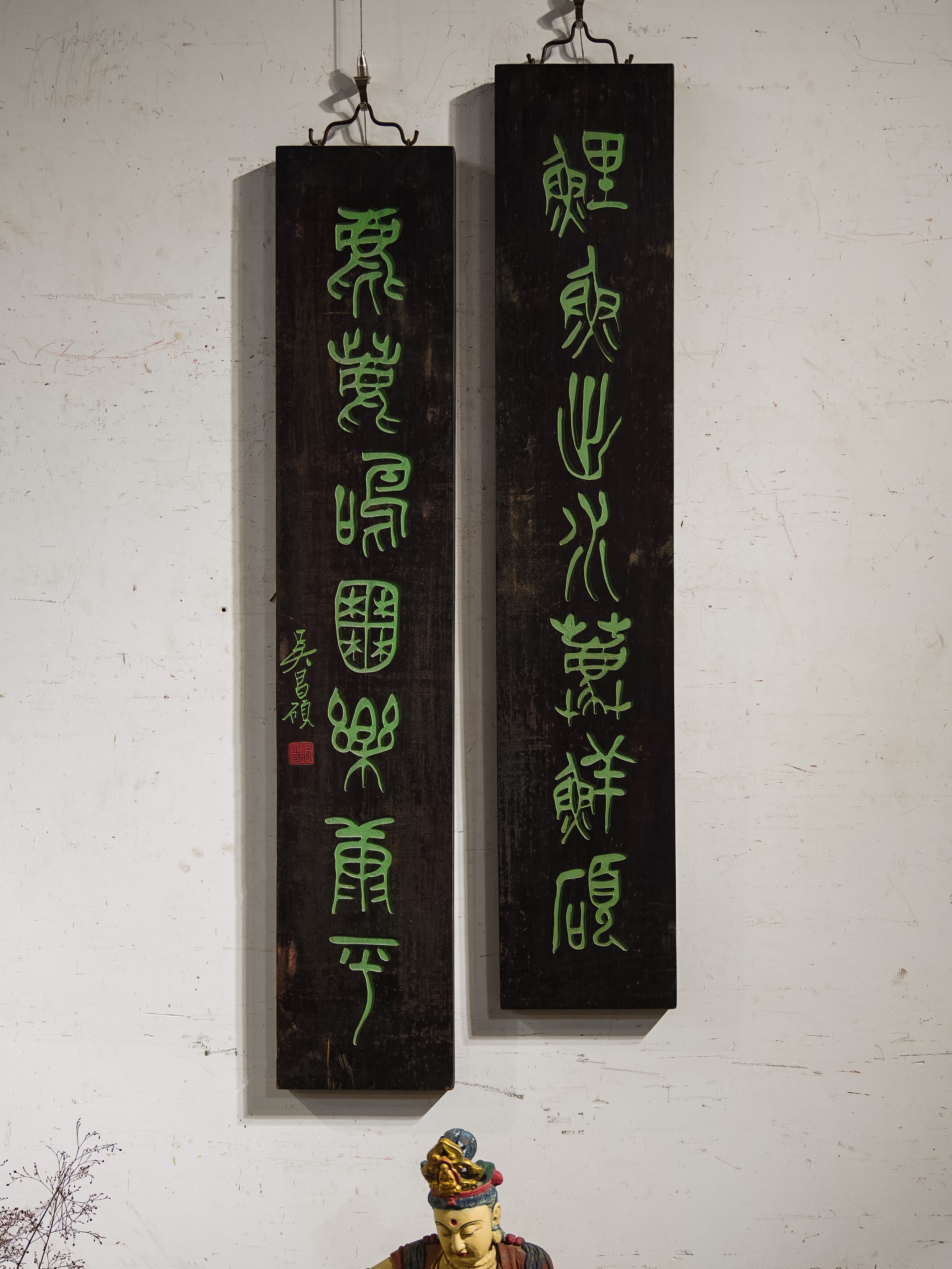 中式实木雕刻对联牌匾用于门头招牌雅室装饰 鲤鱼出洛
