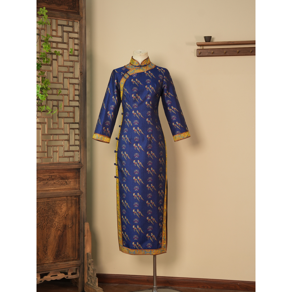 【大宋皇后五彩翟鸟】桑蚕丝宋锦长袖高腰旗袍