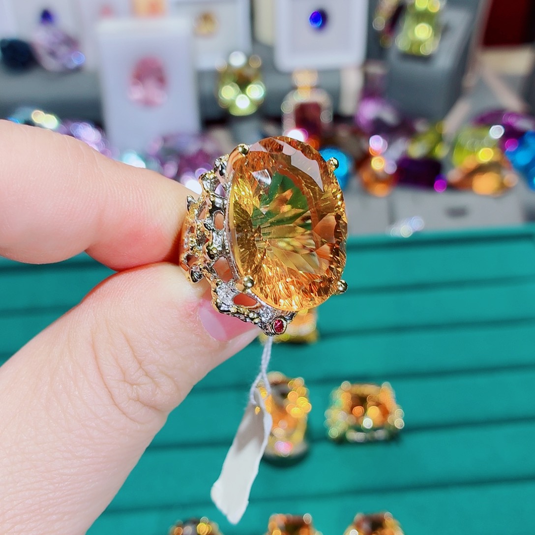 黄晶戒指银S925镶嵌