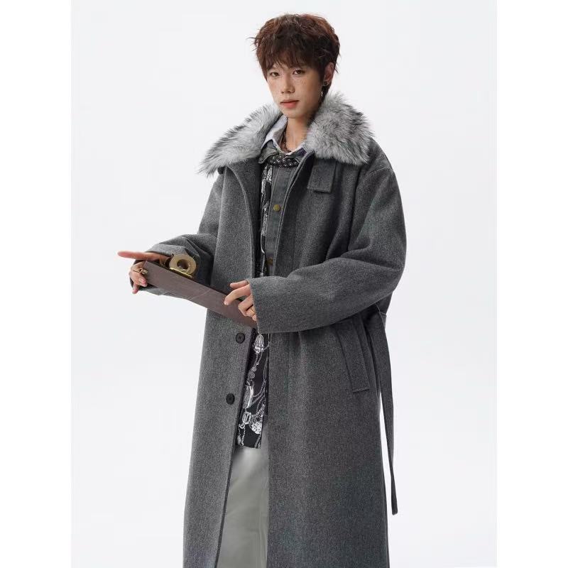 座山雕可拆卸毛领秋冬季中长款毛呢大衣男加棉风衣外套