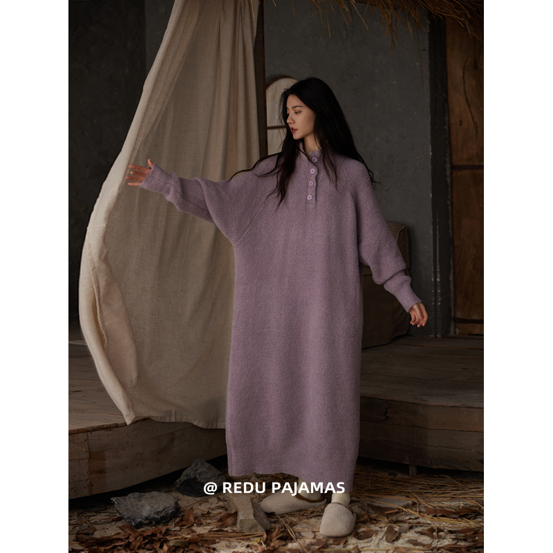 【超柔软】热妒半边绒睡裙女冬季紫色立领保暖睡衣外穿新款简约长裙