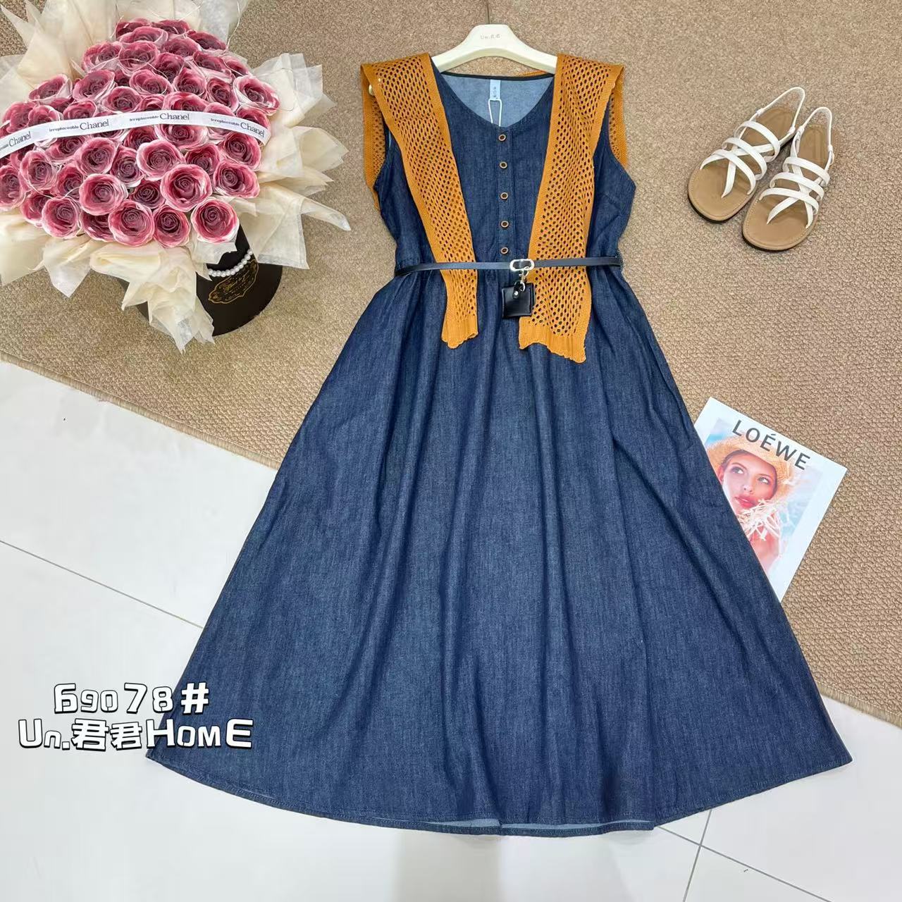 君君家【披肩收腰款】69078韩系高级感显瘦中长款无袖牛仔连衣裙