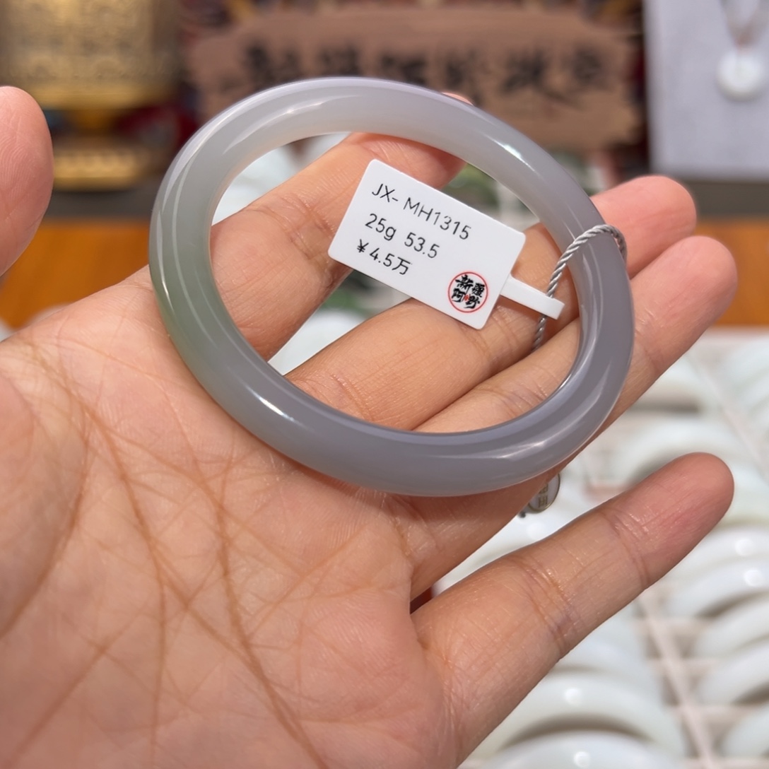 和田玉未镶嵌手镯烟紫带翠 宽7.3厚7.8 53.5圈