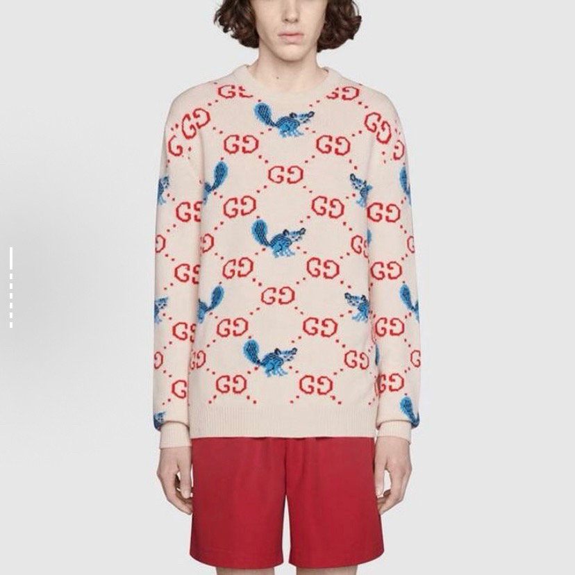 99新 GUCCI/古驰 3608/象牙白图案羊毛衫毛衣/XS码/99