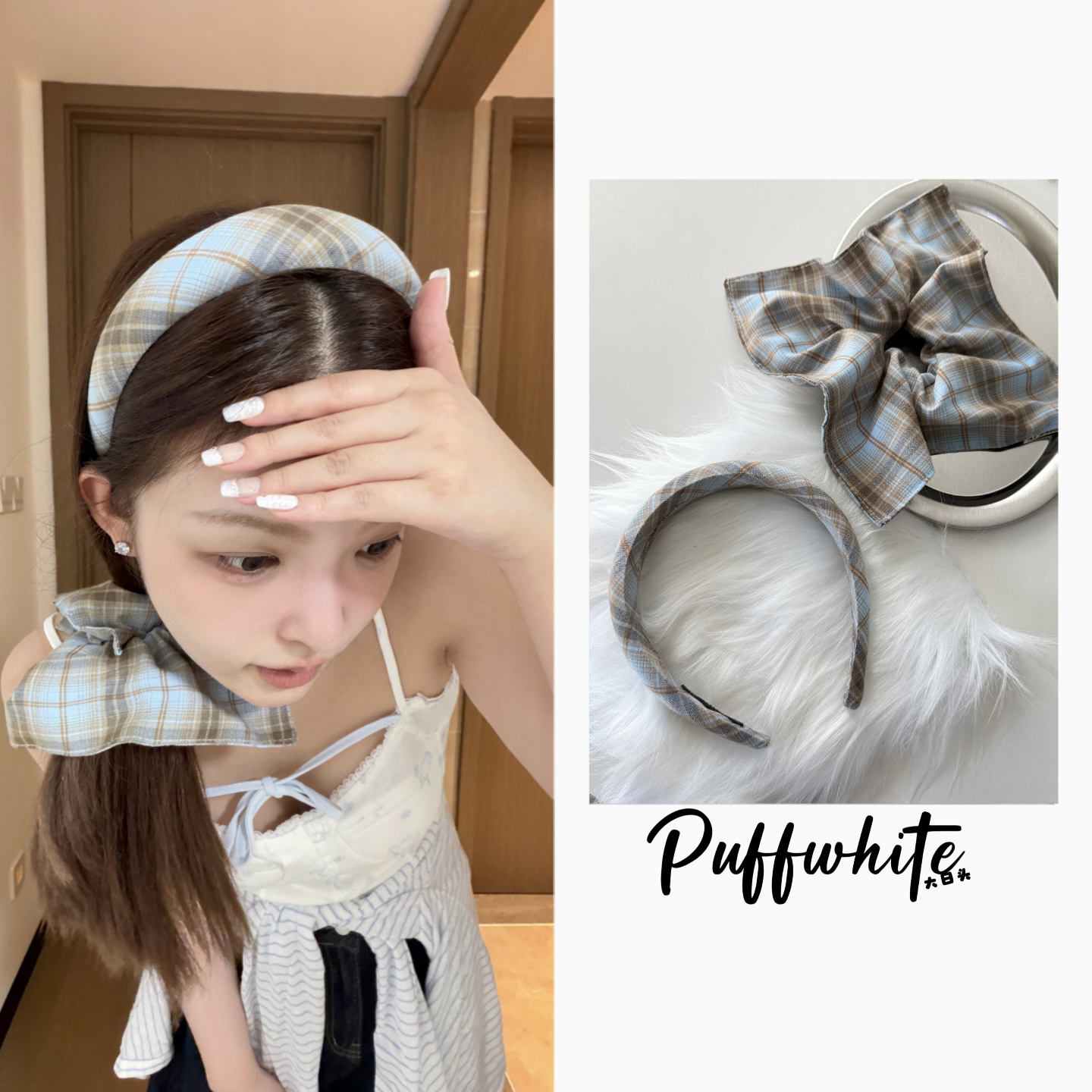 【蓝格纹两件套】大头可戴高颅顶韩系学院风可爱少女小众发箍头饰