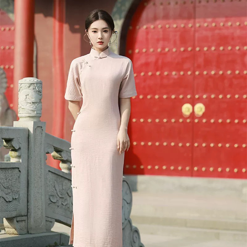 〖粉色全开襟072〗倩倩年轻款春秋长袖新中式日常中国风苏州旗袍