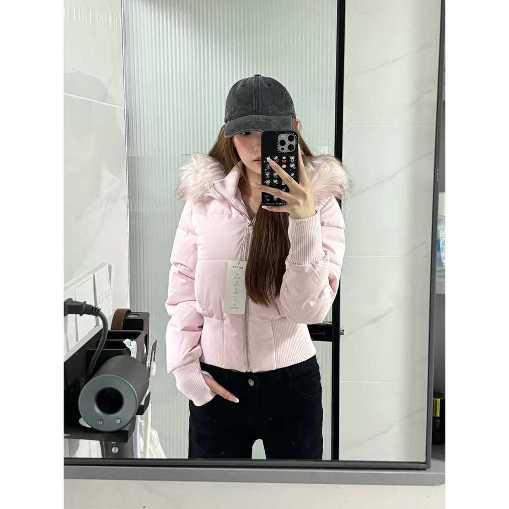 粉色甜美毛领连帽棉服女冬季新款高级感收腰显瘦加厚短款保暖棉衣