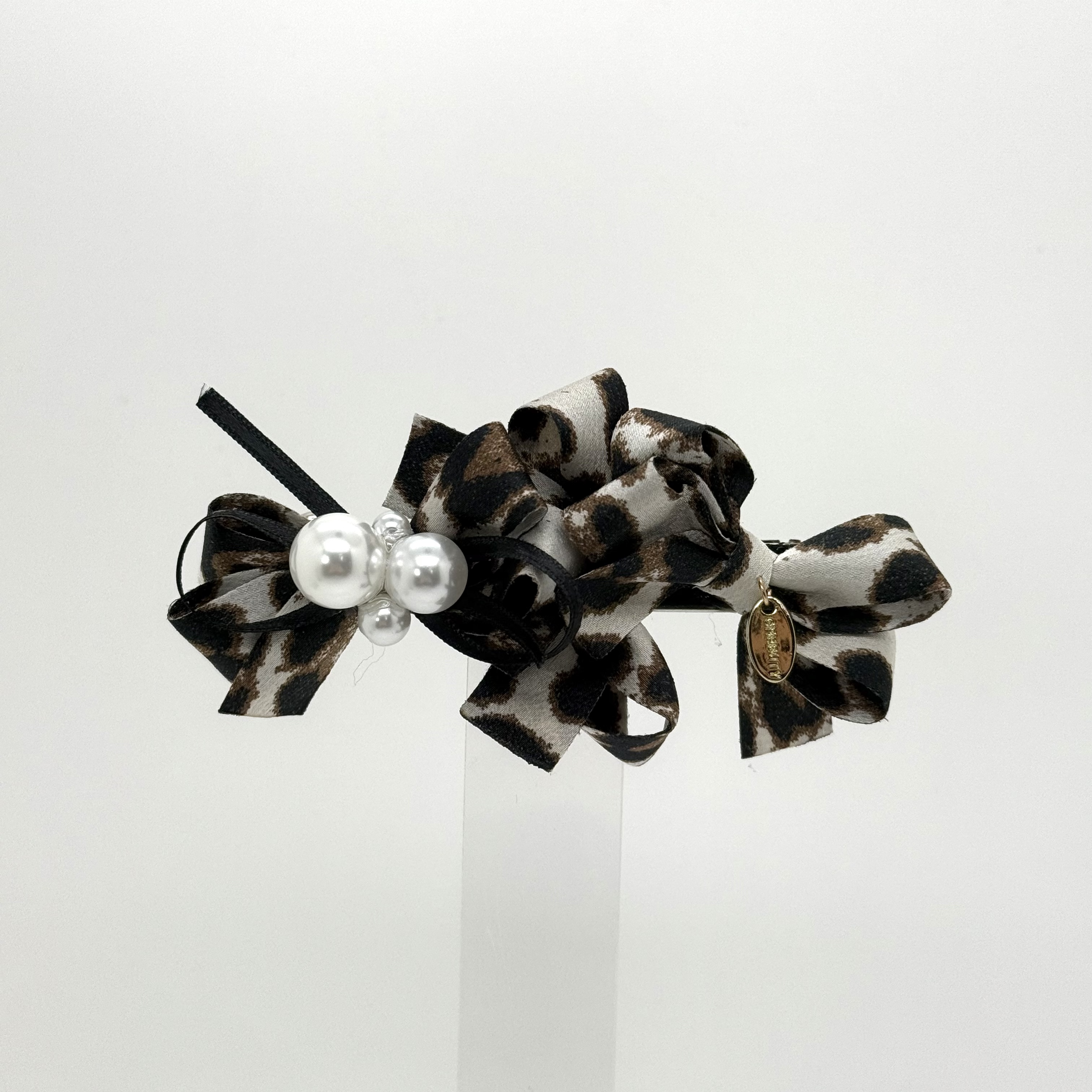 GREBUTY 6202 简约时尚豹纹蝴蝶结珠珠黑色丝带弹簧夹横夹