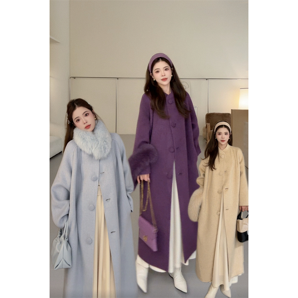 NN CHIC.女秋冬气质狐狸毛领压褶圆扣长款双面呢羊毛大衣6807
