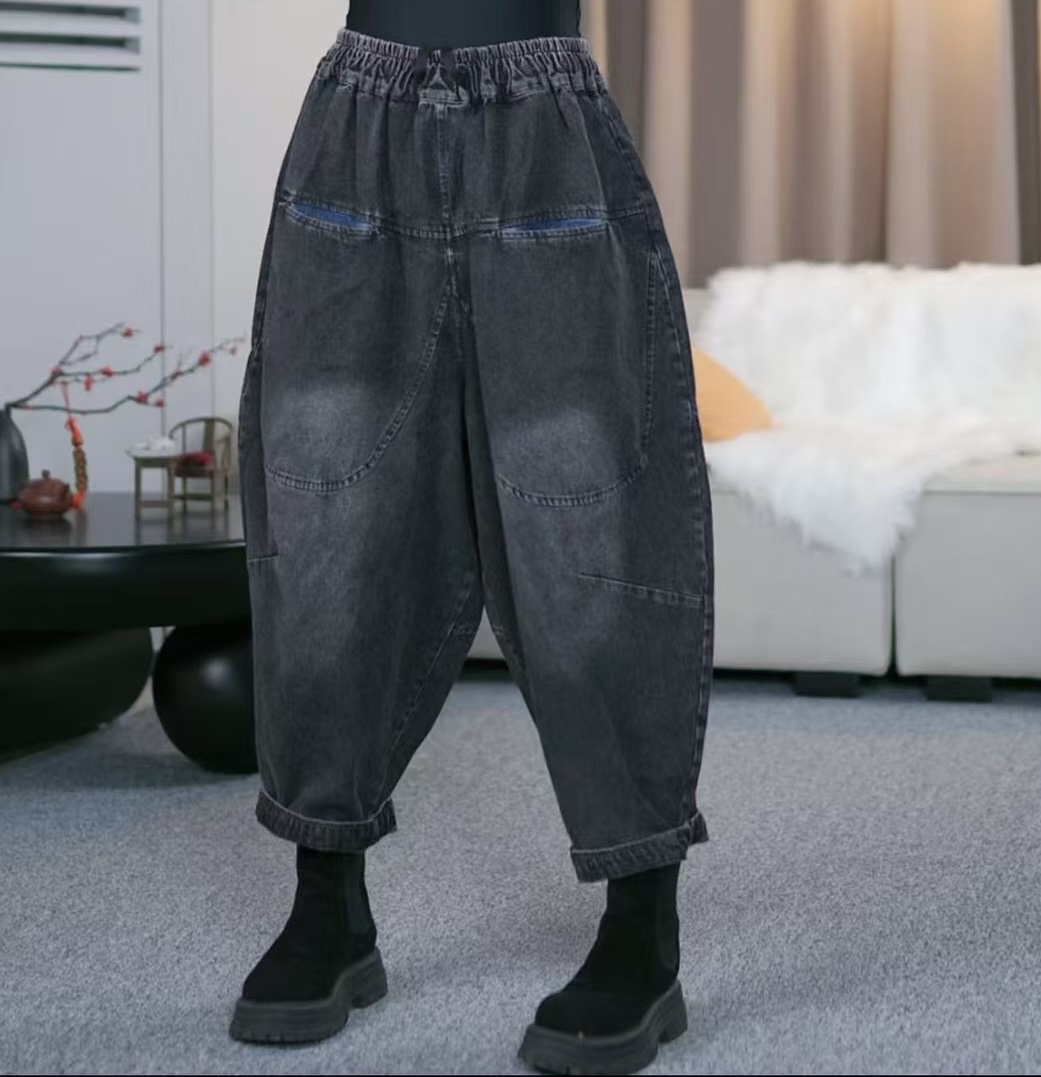 复古潮酷时尚休闲百搭牛仔哈伦裤女春季宽松百搭松紧腰长裤