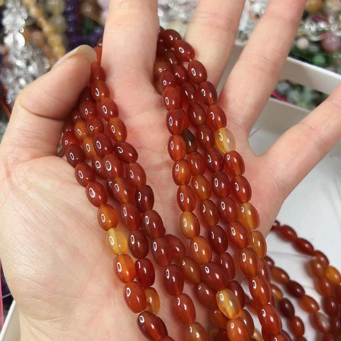 玛瑙/玉髓未镶嵌珠宝半成品，卡6x8玛瑙枣珠一条