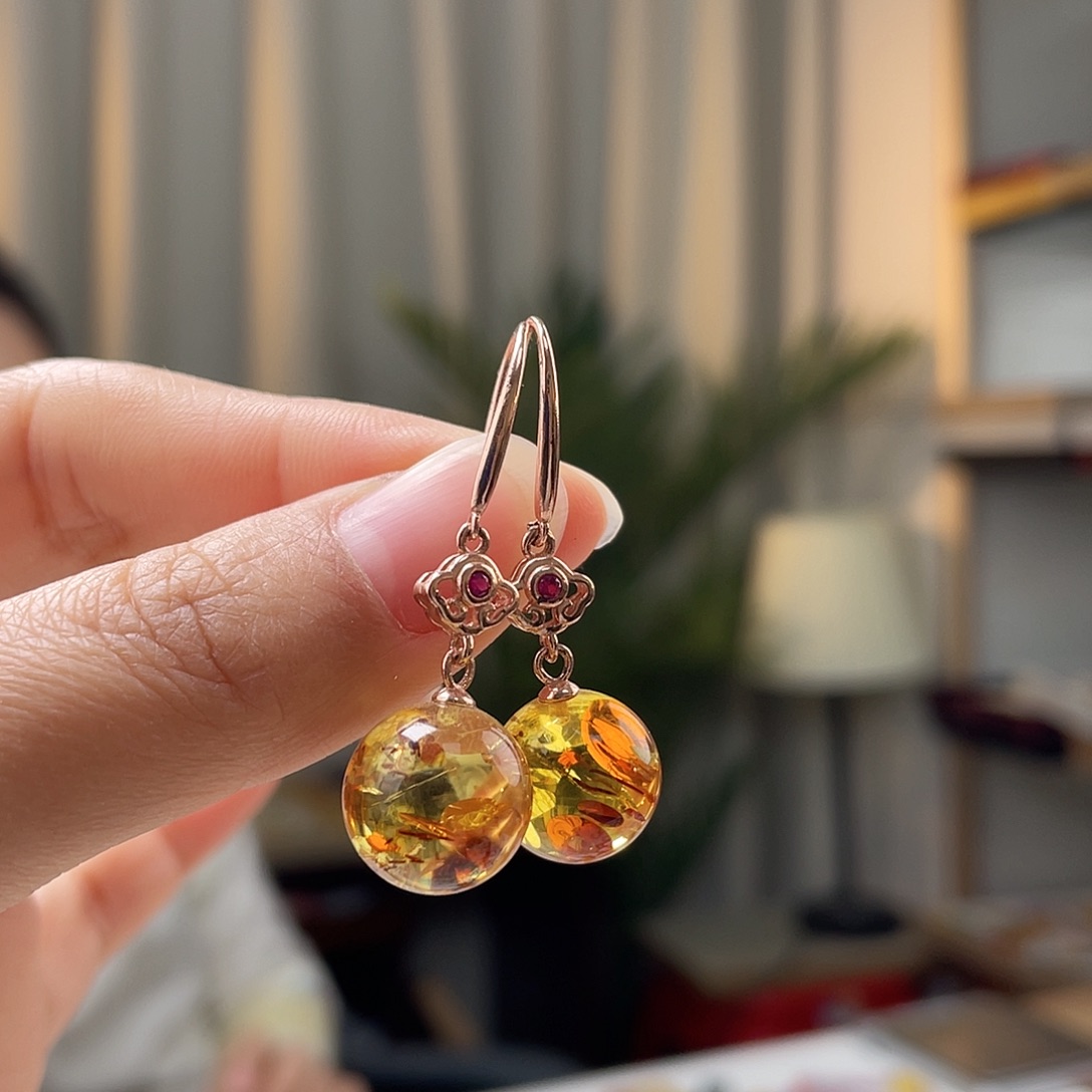 琥珀裸石银S925镀金镶嵌琥珀耳环