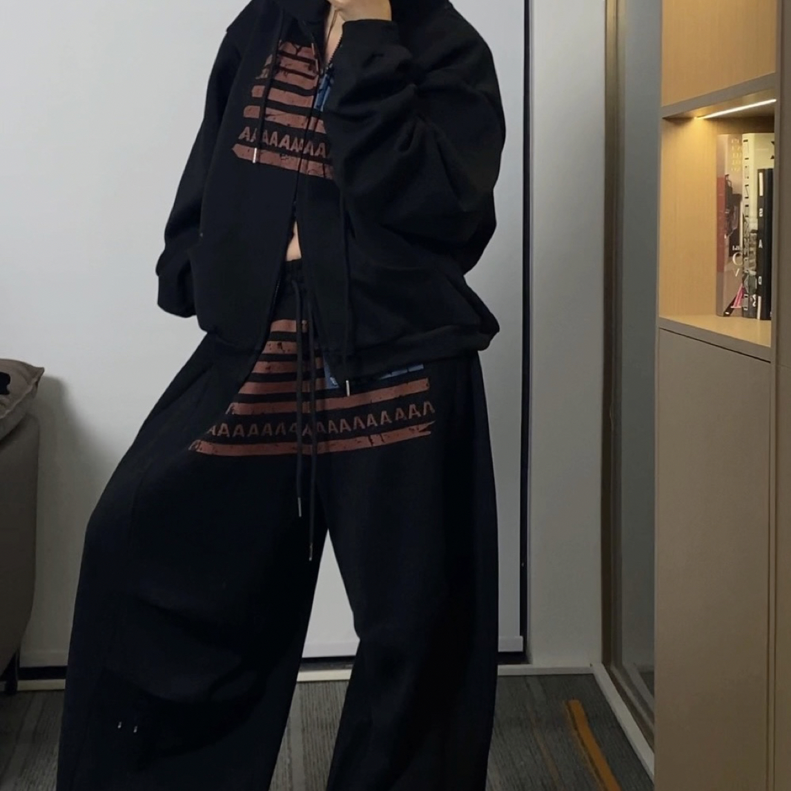 美式复古字母印花卫衣卫裤套装女慵懒风阔腿休闲
