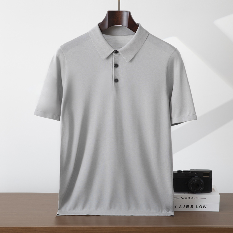 康赛妮精纺 男士POLO领100%桑蚕丝T恤短袖针织打底衫宽松薄款半袖