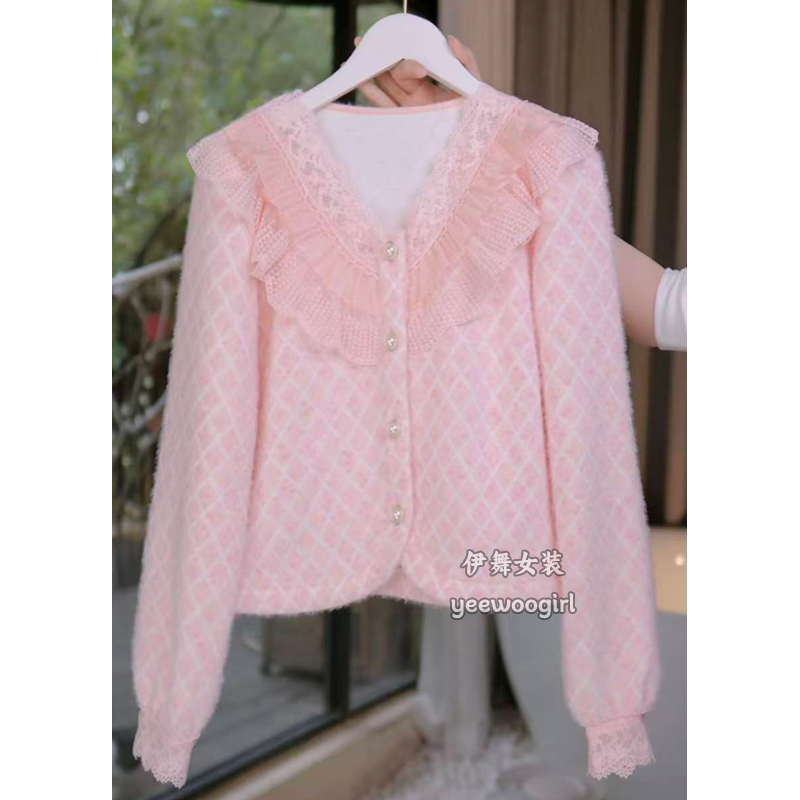 【伊舞】花边v领蕾丝衬衫女长袖秋冬新款温柔甜美设计感百搭小衫