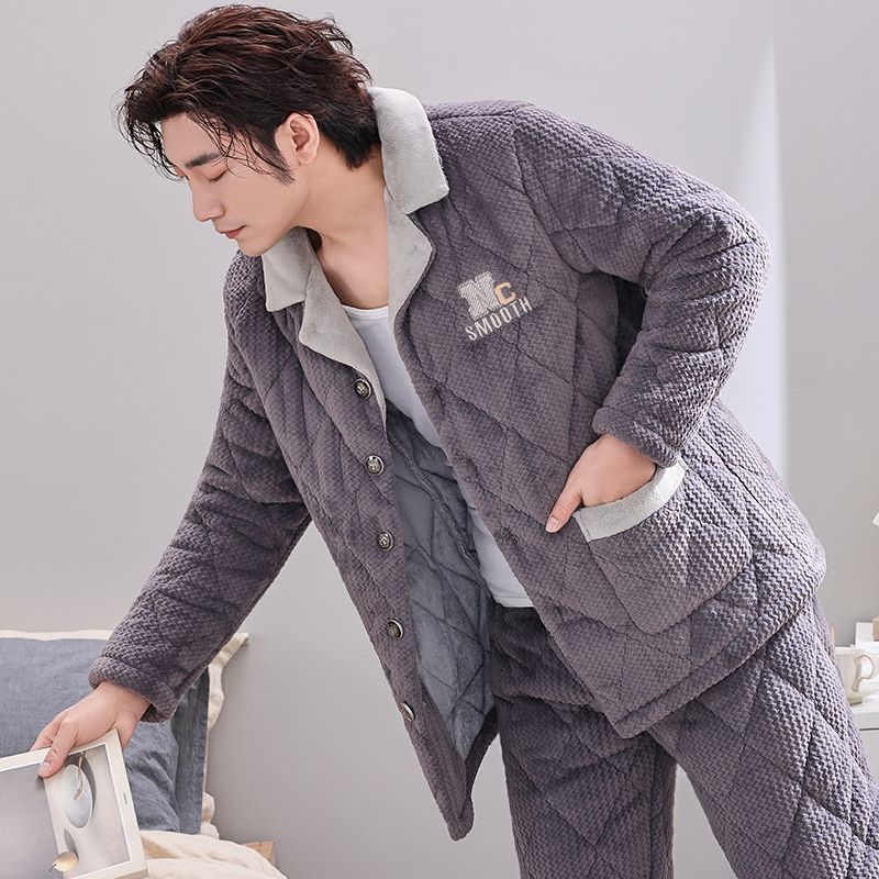 0812三层夹棉居家服套装加绒加厚双重保暖牛奶绒男士居家外穿两用