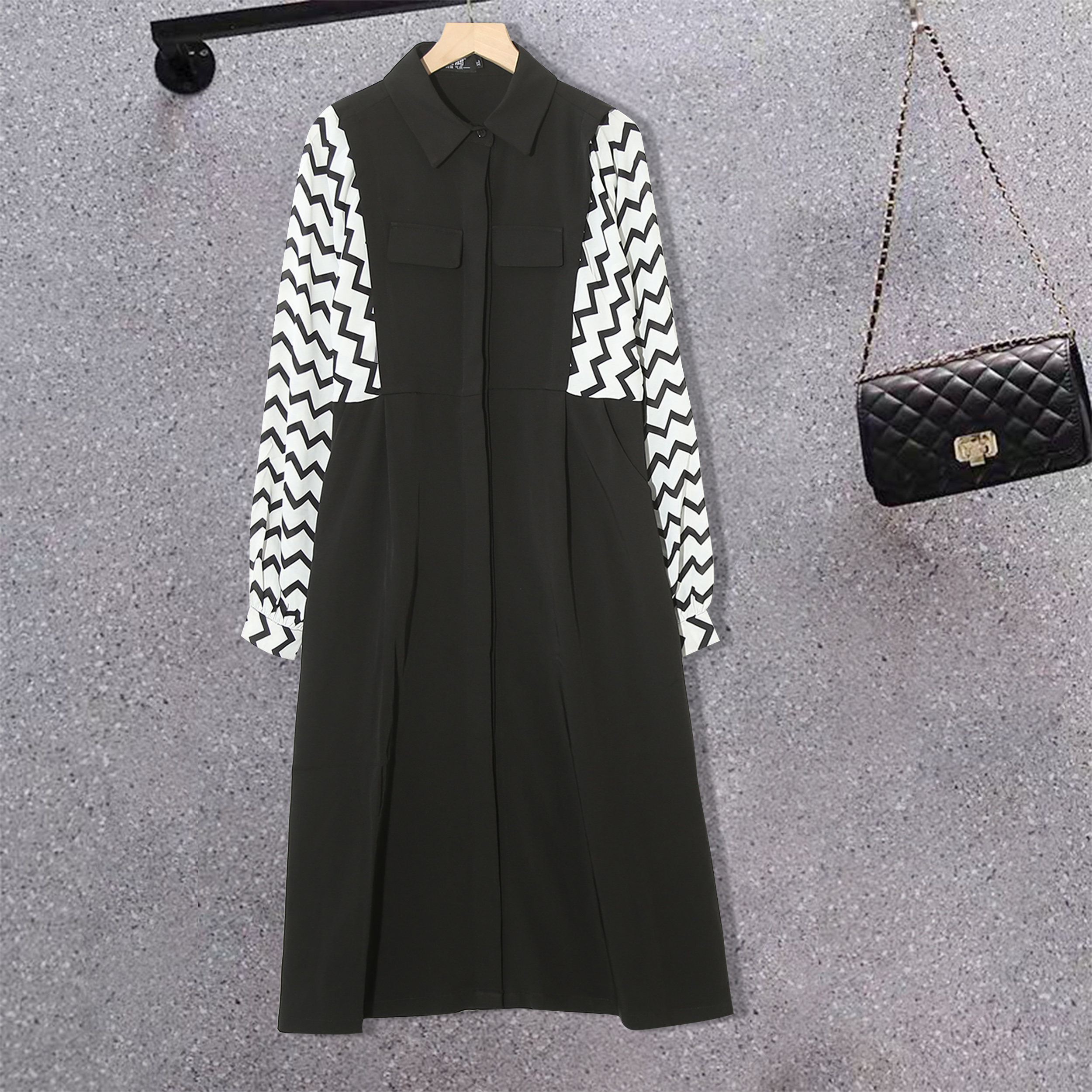 夏女连衣裙复古设计感翻领假两件拼接过膝雪纺长裙S13(个别微染)