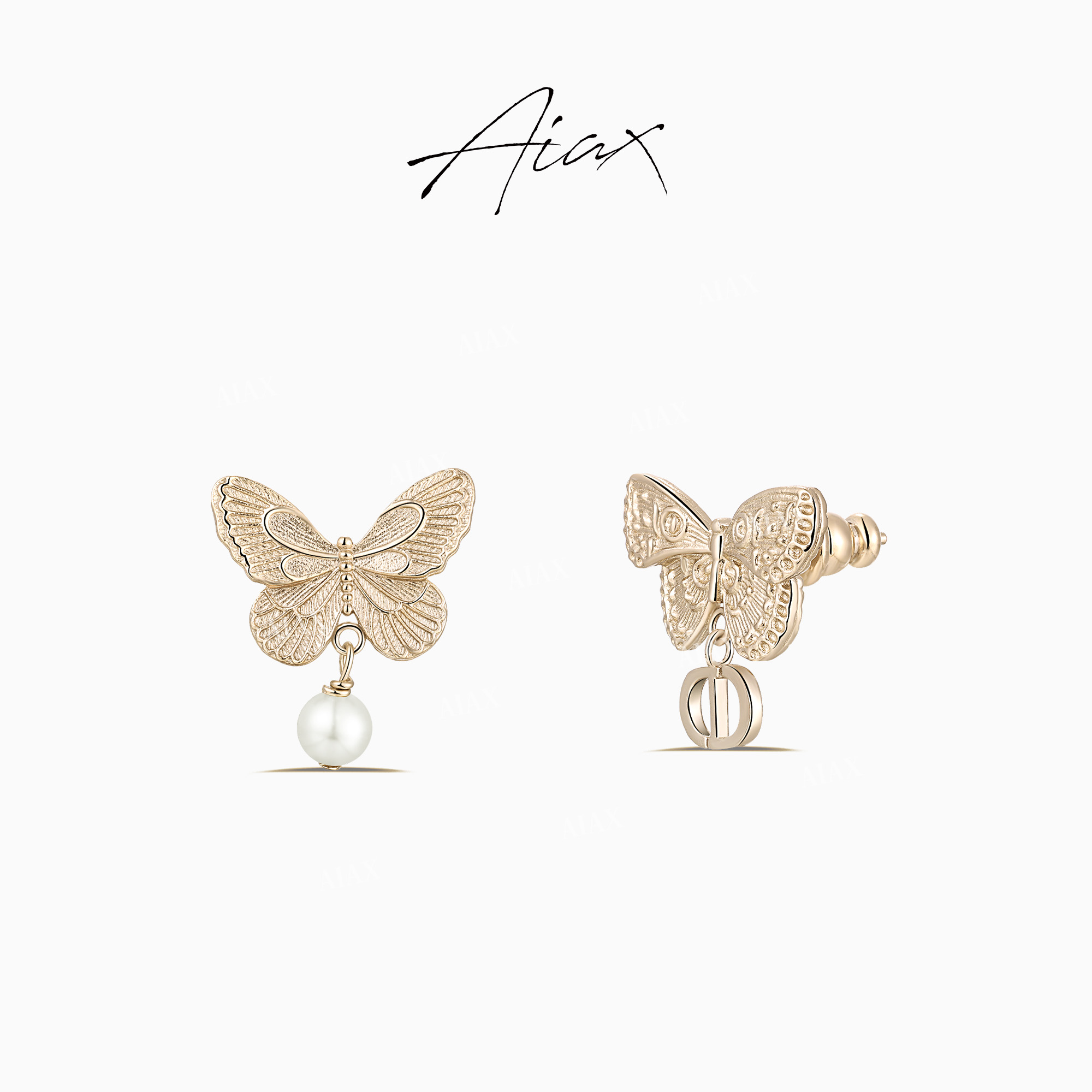 AIAX 镀K金【蝶影】复古浮雕蝴蝶字母耳环TSL1472