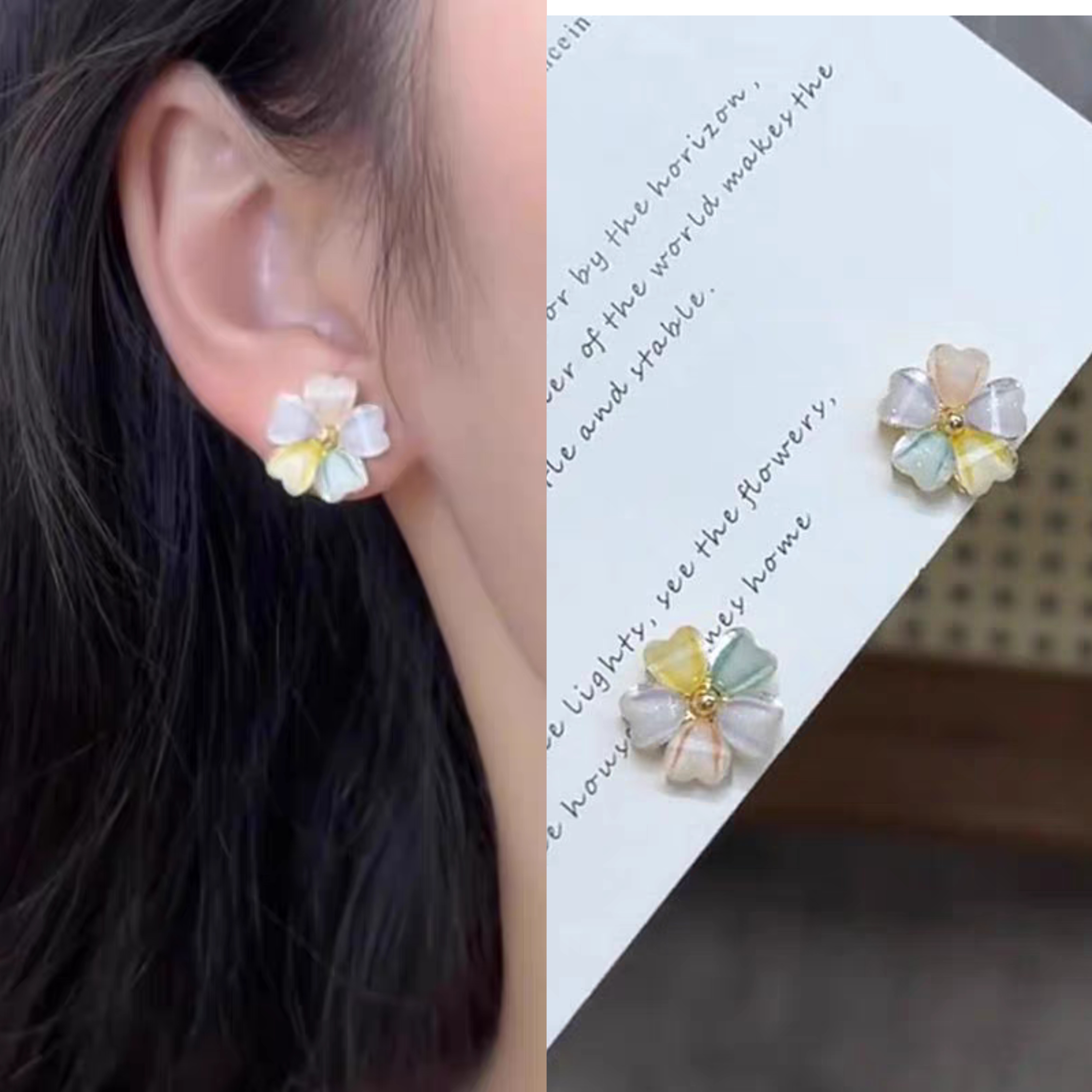 无耳洞「七彩花」小清新彩色花朵耳环甜美通勤百搭无痛蚊香盘耳夹