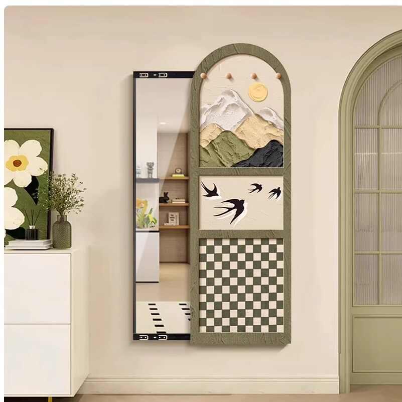 中古风玄关镜可推拉隐藏式穿衣镜多功能装饰画挂画落地镜卧室镜子