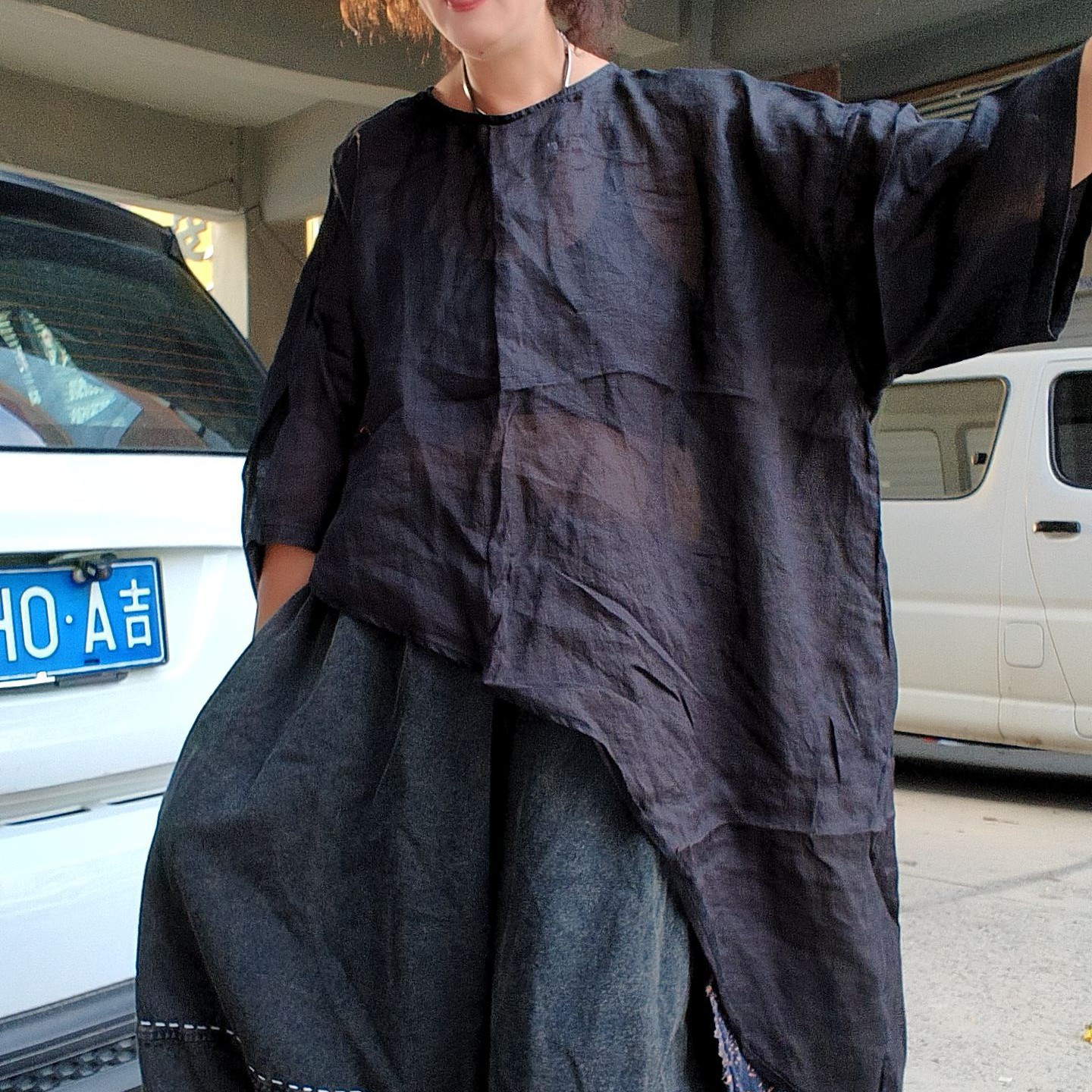 无吊牌原创复古文艺一短一长底边宽松苎麻短袖衬衫