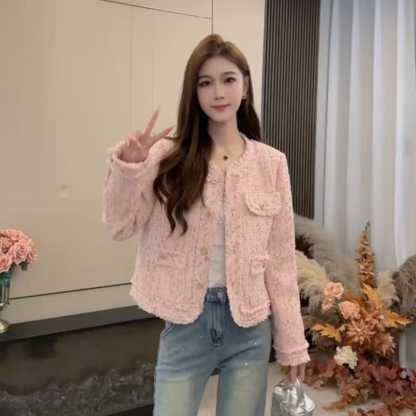 秋季新款短款秋冬直筒型百搭粉色小香风外套减龄气质短外套洋气