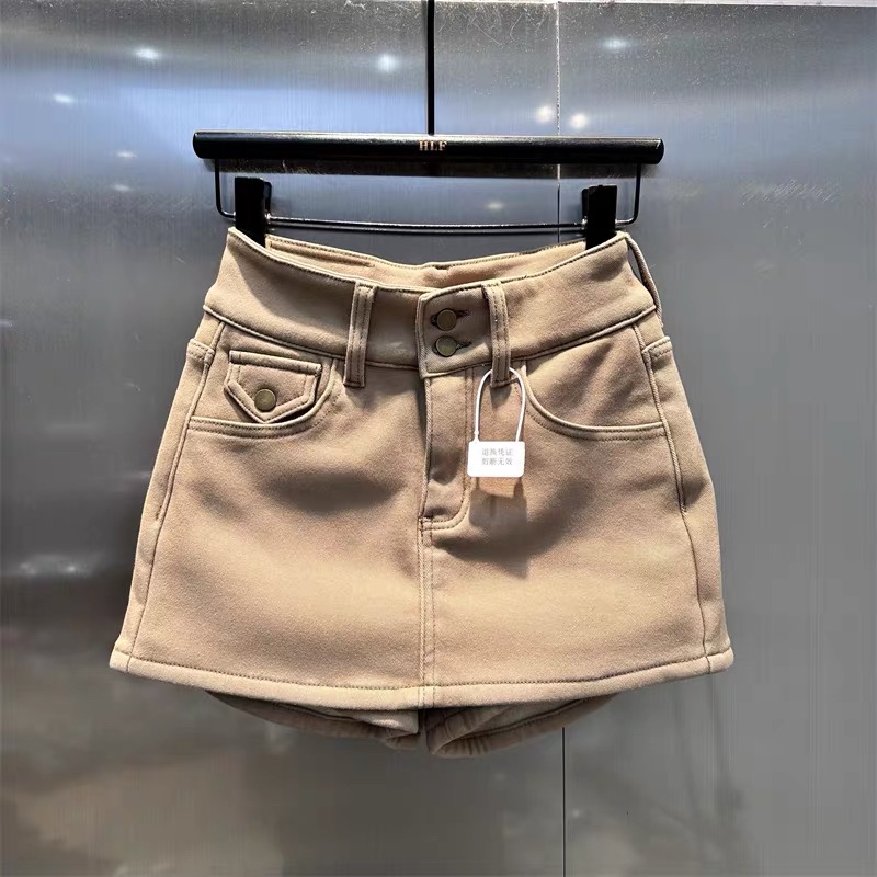卡其色双扣高腰牛仔短裙裤女2025年冬季新款加绒加厚弹力显瘦半裙