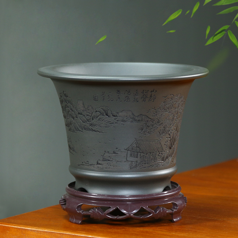 神力精品紫砂兰花盆刻绘山水春兰建兰盆栽桌面花卉绿植透气简约