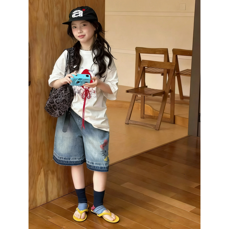 W童品，（现货）<小红帽日记>2026年新款夏款女童百搭短袖套装5020