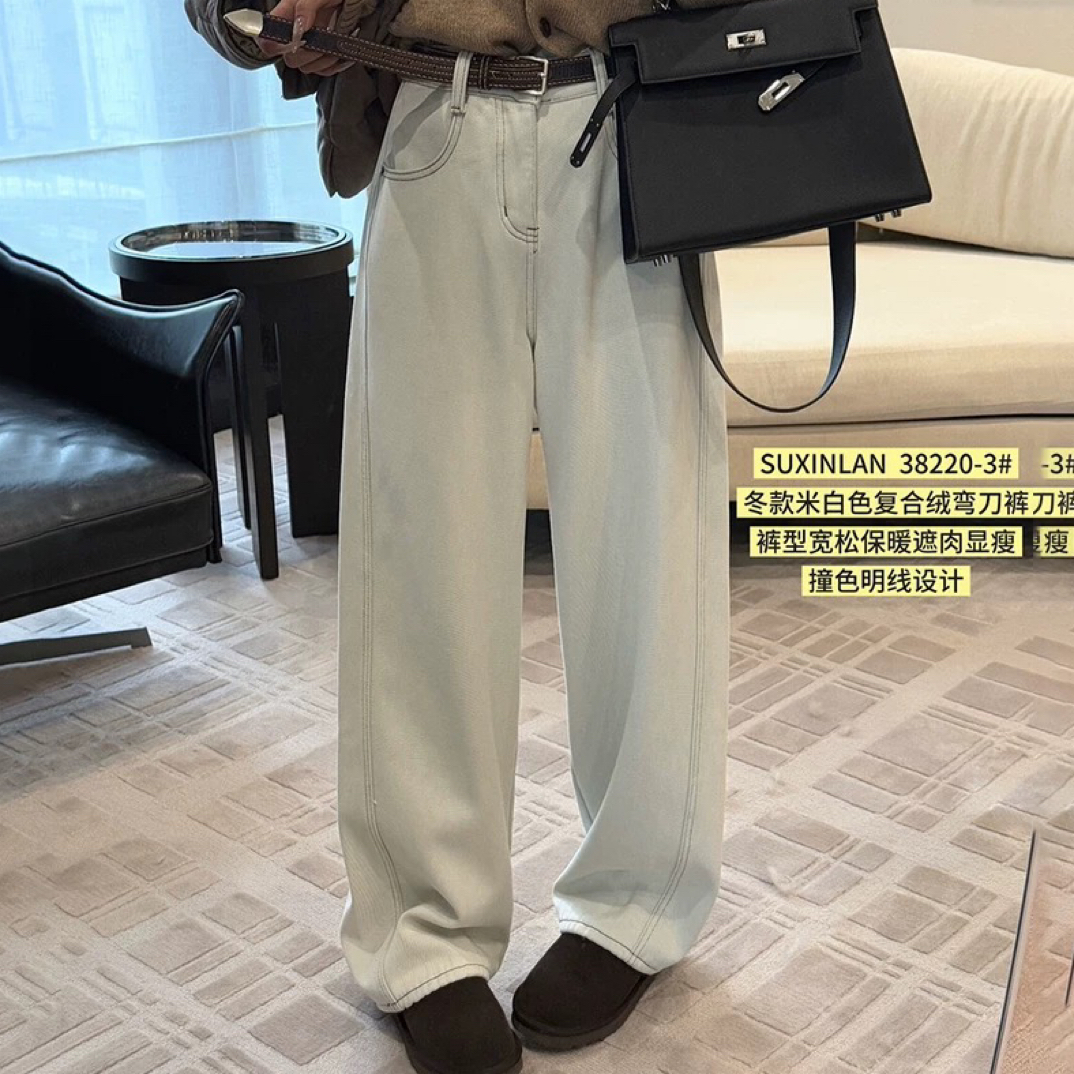 休闲风常规简约植绒明线窄版弯刀裤
