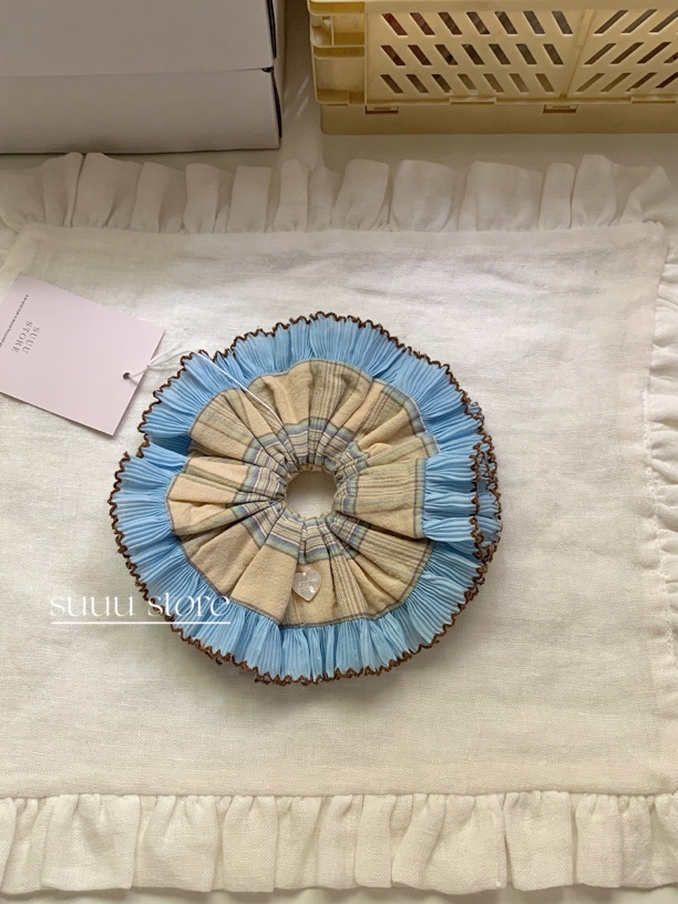 Suuu | 原创手作韩国进口面料黄色格纹花边发圈韩系大肠圈韩国发